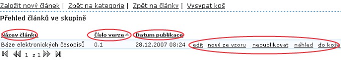 publikovat/nepublikovat možnost publikovat, nebo nepublikovat na webu článek náhled - zobrazí obsah článku bez možnosti editace do koše/z koše - umožňuje článek umístit do koše, nebo jej z koše