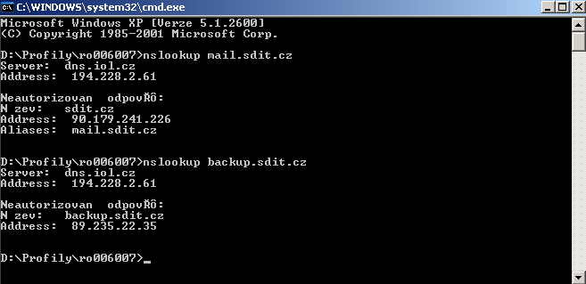 UTB ve Zlíně, Fakulta aplikované informatiky, 2012 40 5.2.6.1 Ověření IP adresy serveru Do příkazového řádku vložíme nslookup mail.sdit.cz a nslookup backup.sdit.cz Obrázek 15: Ověření IP adresy serveru 5.
