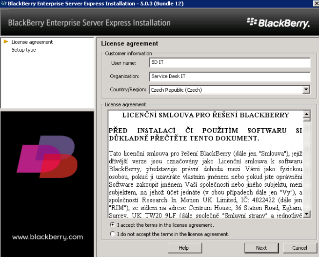 UTB ve Zlíně, Fakulta aplikované informatiky, 2012 52 Obrázek 20: Licenční podmínky b) Konfigurace databáze V dalším kroku vybereme volbu Create a BlackBerry Configuration Database.