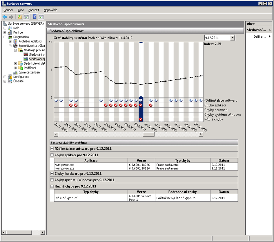 Obrázek č. 10: Sledování spolehlivosti Zdroj: Copyright 2007 Microsoft Corporation a vlastní úprava 4.