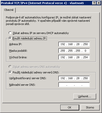 Rovněţ můţeme zadat náhradní server DNS, pokud v dané síti existuje. V našem případě přiděluje adresy tentýţ server, u kterého nastavujeme pevnou IP adresu. 7.