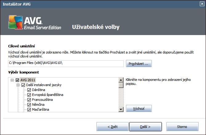 V sekci Výběr komponenty je zobrazen přehled komponent AVG, které můžete nainstalovat. Pokud vám výchozí nastavení nevyhovuje, máte možnost jednotlivé komponenty odebrat/přidat.