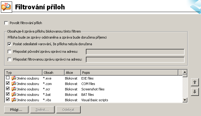 6.1.2. Filtrování příloh V nabídce Filtrování příloh je seznam s definicemi příloh pro jejich filtrování: Filtr příloh lze zapnout nebo vypnout pomocí položky Povolit filtrování příloh.