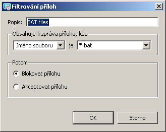 Akce definice akce, která má být provedena s danou přílohou. Možné akce jsou Akceptovat (přijmout přílohu) a Blokovat (bude provedena akce definovaná nad seznamem zakázaných příloh).