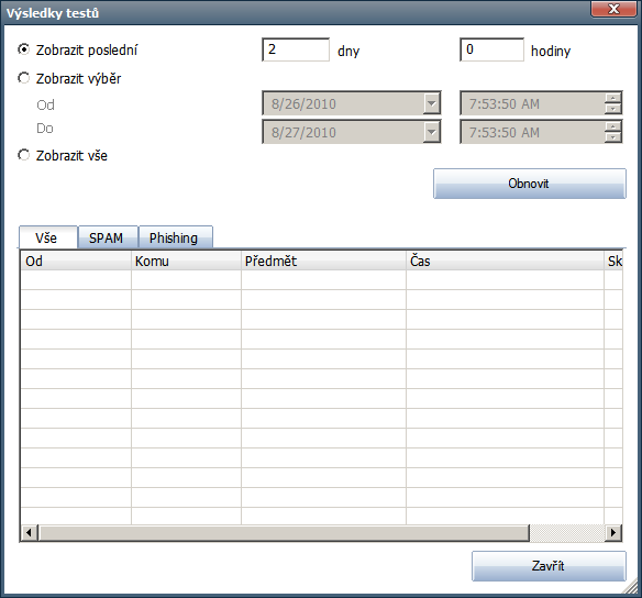 Otevře nový dialog s přehledem výsledků testů: Zde můžete zkontrolovat zprávy označené buď jako SPAM (nevyžádaná pošta) nebo pokus o Phishing (zcizení osobních údajů, identity, bankovních údajů atp.). Ve výchozím nastavení jsou zobrazeny pouze výsledky za poslední dva dny.