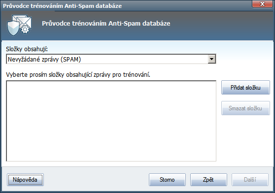 V tomto dialogu volíte složku se zprávami, které chcete pro trénování použít. Stiskněte tlačítko Přidat složku a určete umístění adresáře s.eml soubory (uloženými e-maily).