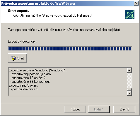 Průvodce exportem projektu do WWW tvaru Reliance 3 design V sedmém kroku je možné vybrat obrázek, který bude zobrazen ve výsledné HTML stránce při startu vizualizace po dobu stahování programových