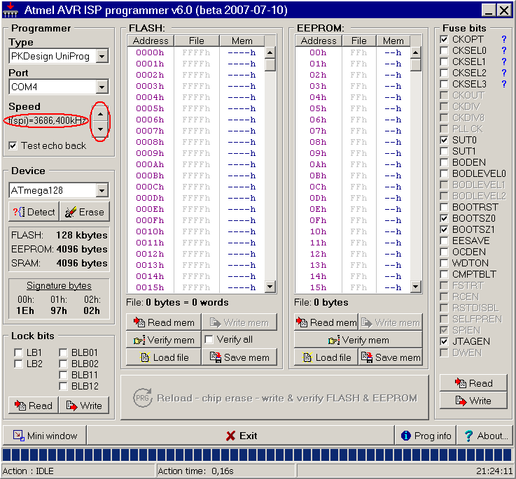 7) Rychlost programování je závislá na frekvenci SPI sběrnice, přes kterou je UniProg-USB připojen k programovanému MCU. Pokud je MCU řízen krystalem s nízkým kmitočtem, je nutné snížit frekvenci SPI.