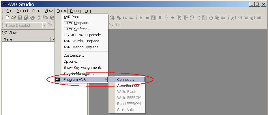 6.3 Programování přes JTAG rozhraní (Atmel AVR Studio) 1) Připojte UniProg-USB k základové desce do JTAG konektoru za použití JTAG redukce.