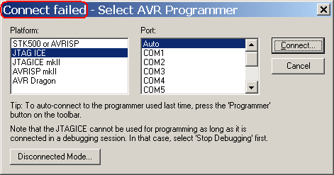 8) Pokud se zobrazí chybové okno Connect failed Select AVR Programmer (viz. následující obrázek), tak komunikace AVR Studia s UniProg-USB neproběhla úspěšně.