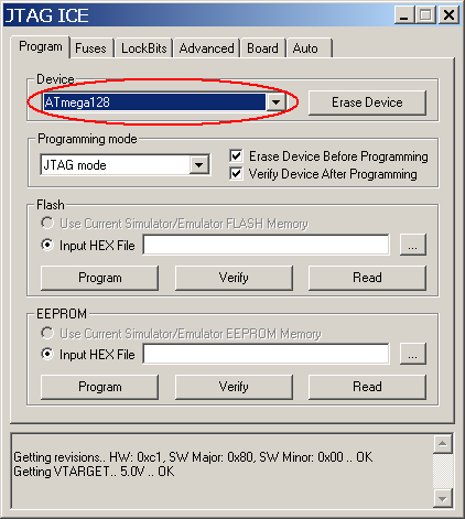 10) Pokud je vše v pořádku a chybové hlášky z předešlých 2 bodů se nezobrazí, objeví se okno JTAG ICE hlavní okno programátoru. V záložce Program zvolte typ programovaného MCU (např. ATmega128).