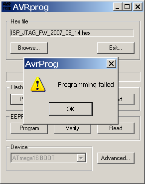 12) Pokud nebyla paměť UniProg-USB řádně vymazána, zobrazí se chybová hláška Programming failed.
