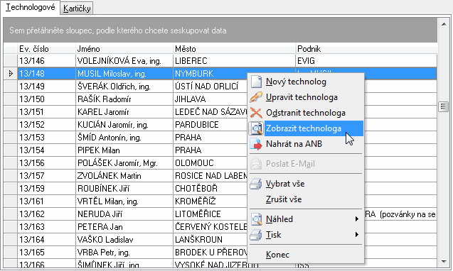 3 obr. 2 - spuštení adresáre poverených techniku Po spuštění adresáře se zobrazí formulář se seznamem pověřených techniků viz obrázek 3.
