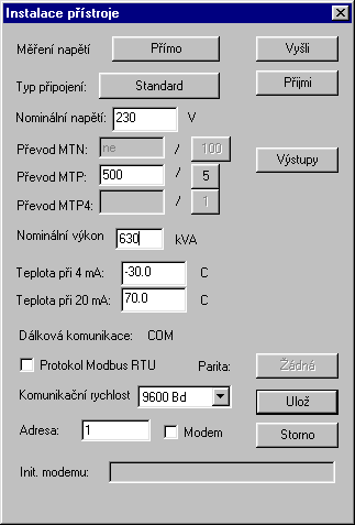 7. rozsah teplotního senzoru ( pokud je připojen ) 8. parametry dálkové komunikační linky ( rychlost, adresa, ev.