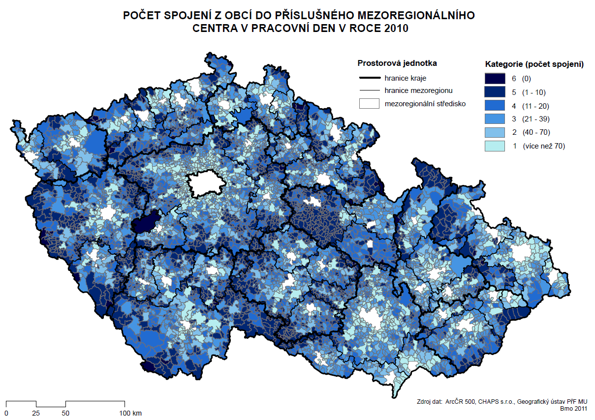 5. MORAVA A SLEZSKO Obr. 10. Počet spojení z obcí do příslušného mezoregionálního centra v pracovní den v roce 2010.