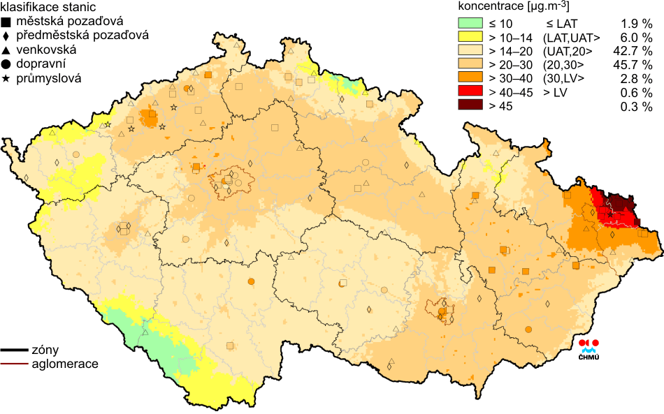 Obrázek 44: Pole průměrné roční koncentrace PM 10, ČR, rok 2012 Zdroj dat: ČHMÚ V referenčním roce 2012 nedošlo ani na jedné lokalitě Jihomoravského kraje k překročení imisního limitu pro průměrnou