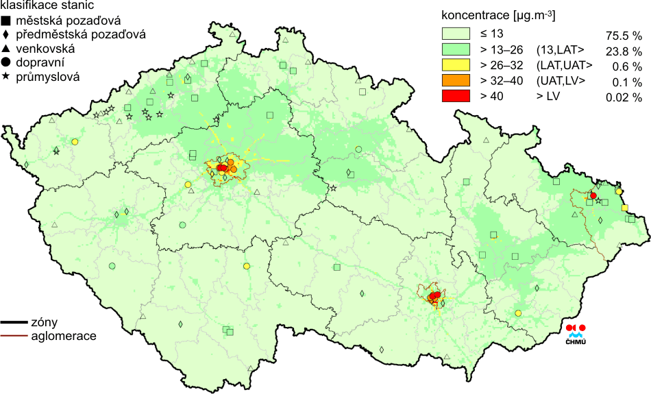 Obrázek 61: Pole průměrné roční koncentrace NO 2, Jihomoravský kraj, rok 2012 Zdroj dat: ČHMÚ Tabulka 17: Průměrné roční koncentrace NO 2, Jihomoravský kraj, 2003 2012 Název lokality 2003 2004 2005