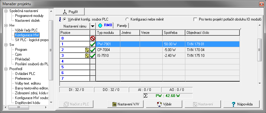 Jednotlivé pozice PLC Obr. č. 5-6 Manažer projektu Konfigurace HW Abychom mohli při programování používat symbolická jména (např. st1_i1) a ne nepraktické absolutní adresy (IB0.