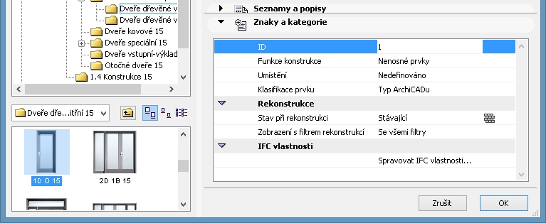 Dveře ve výkresu: Důležitou součástí dveří je popiska (bublina), na které se uvádí rozměr dveří a v kroužku jejich číslo.