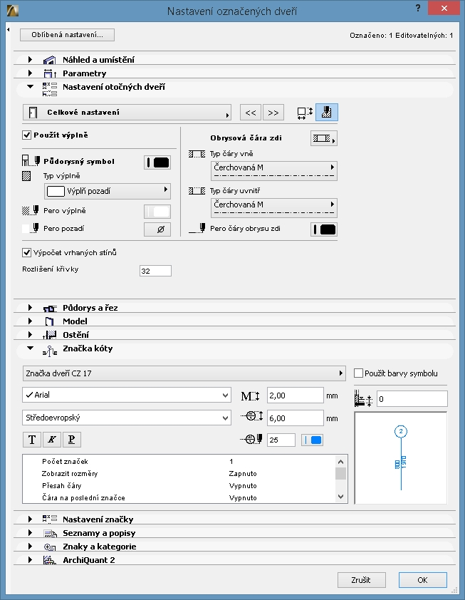 Zobrazování dveří ve výkresu: V záložce Nastavení otočných dveří je celá řada parametrů uvlivňujících vzhled dveří ve výkresu, ale i celkové vlastnosti dveří: Obložkové / ocelové zarubně *, typ prahu