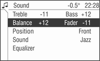 Úvod 85 Nastavení zvuku V nabídce Sound (Zvuk), která se vyvolá pomocí tlačítka SOUND nebo nabídky Audio se zobrazí seznam následujících položek: Treble (Výšky) a Bass (Basy) Balance (Vyvážení -