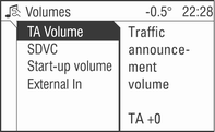 Úvod 87 V nabídce Volumes (Hlasitosti) jsou k dispozici následující položky: TA Volume (Hlasitost TA): hlasitost dopravních hlášení SDVC: změna hlasitosti v závislosti na rychlosti Start-up volume