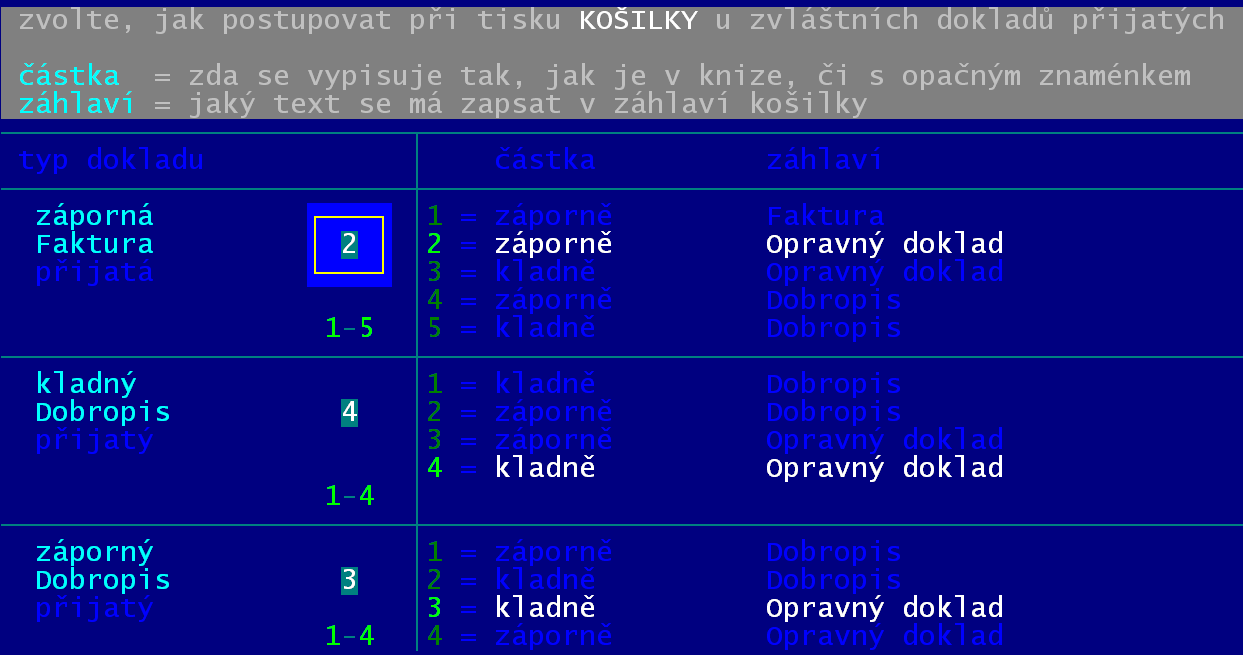 - 1-6 = tiskne se někde na faktuře 1 2 3 4 5 6 V naší ukázce je umístění textů standardní (jak jej nabízí program).1. zvýrazněný text je umístěn v záhlaví faktury (volba=1), a všechny ostatní texty jsou na razítkem (volba = 5).