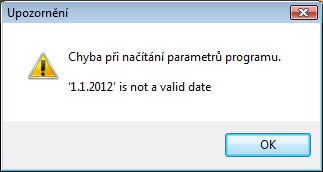 Pokud se Vám při spuštění programu firmy INISOFT s.r.o. zobrazí okno s informacemi o chybě při načítání parametrů programu, je špatně nastavena maska pro tvorbu datumu.