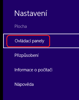 Nastavení v systému Windows 8 1) Otevřete si ovládací panely. To je možné např.