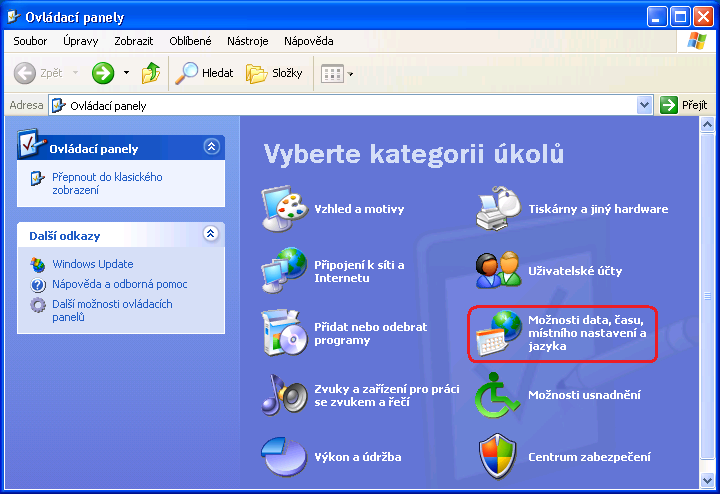Nastavení v systému Windows XP 1) Otevřete si ovládací panely (v nabídce start) a pokud máte zobrazení
