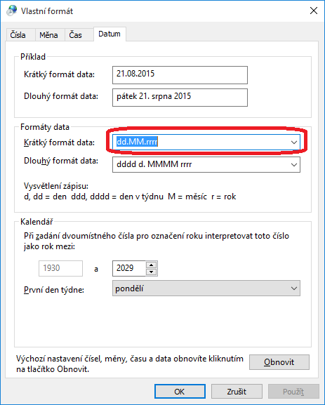8) Přepněte se na záložku Datum a zde překontrolujte, zda nejsou u masky krátký