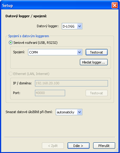 Setup dialog V menu Soubor \ Setup si vyberete datový logger, rozhraní, nastavíte konfiguraci loggeru a zadáte jméno přístroje a nahraných hodnot.