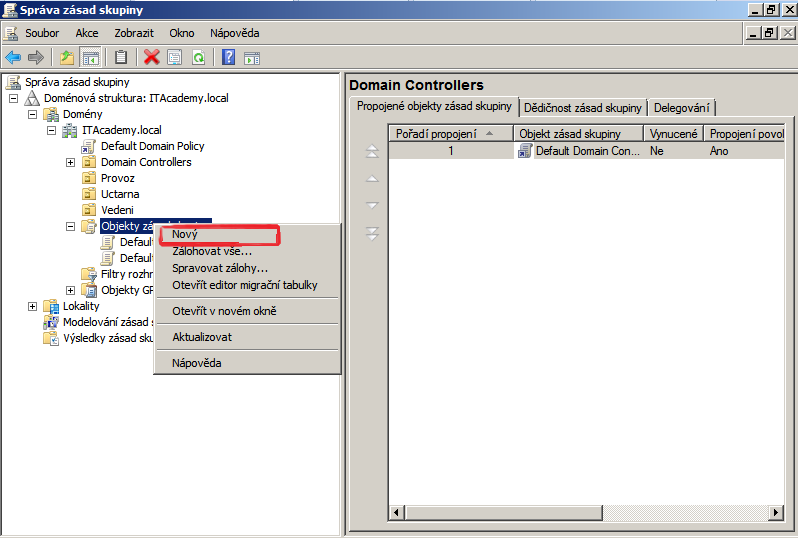 5. Pokuste se zjistit jaký je mezi těmito objekty rozdíl (Název napovídá :) ) Default Domain Controller Policy je objekt, který se aplikuje na všechny řadiče domény.