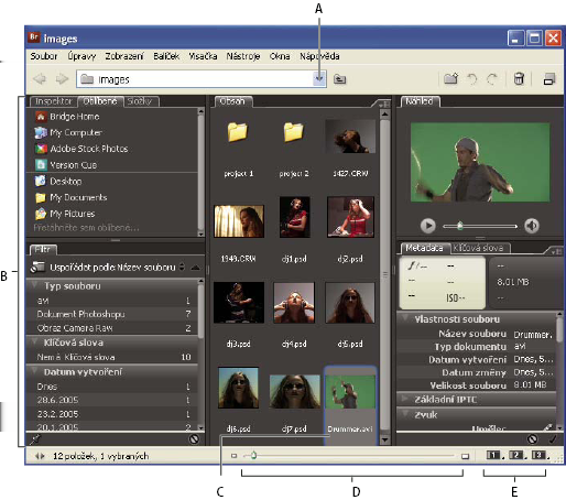 BRIDGE/VERSION CUE 10 Pracovní plocha Bridge A. Nabídka Hledat v B. Panely C. Vybraná položka D. Jezdec Miniatura E.