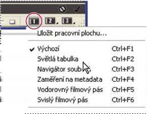 BRIDGE/VERSION CUE 12 Tlačítka pracovní plochy Výchozí pracovní plochy Bridge nabízí několik přednastavených pracovních ploch: Výchozí Zobrazuje panely Oblíbené, Složky, Filtr, Obsah, Náhled,