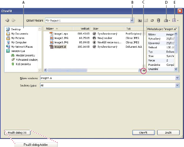 BRIDGE/VERSION CUE 41 Dialogové okno Adobe A. Panel Oblíbené B. Nabídka Hledat v C. Přepnout metadata D. Nabídka Nástroje E.