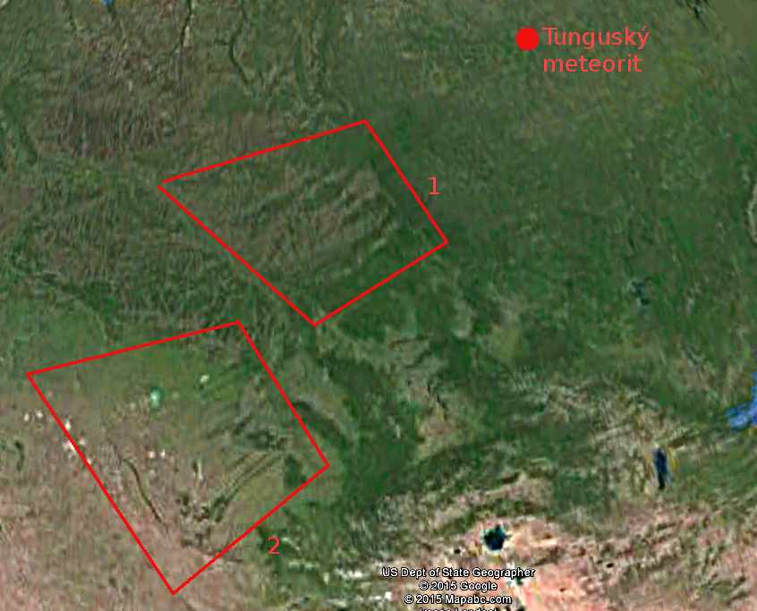 Tunguský meteorit, najdeme tam něco jiného: poněkud neobvyklé druhy stop: Na těchto snímcích a také na topografických mapách jsou jasně viditelné tzv. Sibiřské pásové bory (oblast 1).