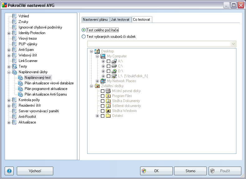 Na záložce Co testovat definujte, zda si přejete naplánovat Test celého počítače nebo Test vybraných souborů či složek.