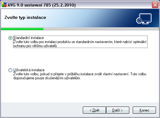 5.4. Zvolte typ instalace Dialog Zvolte typ instalace vám dává na výběr mezi standardní a uživatelskou instalací.