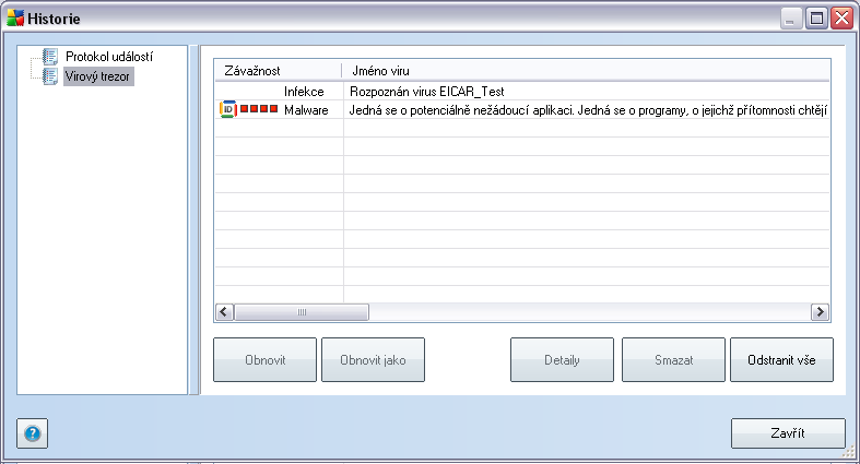 12.8. Virový trezor Virový trezor je bezpečným prostředím pro správu podezřelých/infikovaných objektů nalezených během testů AVG.