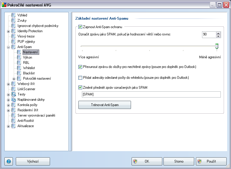 10.7.1. Nastavení V dialogu Základní nastavení Anti-Spamu můžete označením položky Zapnout AntiSpam ochranu celkově povolit či zakázat funkci komponenty Anti-Spam.