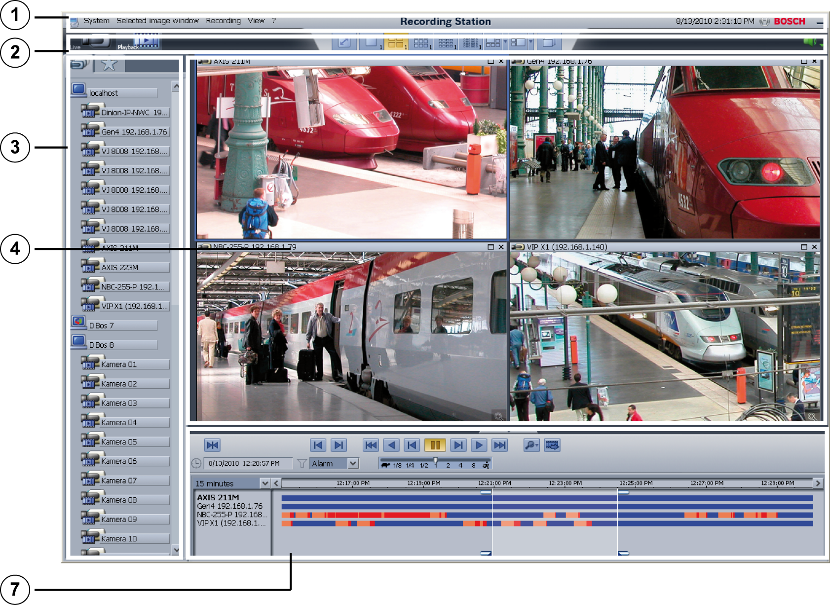 Bosch Recording Station Uživatelské rozhraní cs 7 Režim přehrávání 1 Panel nabídek s aktuálním datem a časem (viz Oddíl 2.1 Panel nabídek (živý režim)) 2 Panel zobrazení (viz Oddíl 2.
