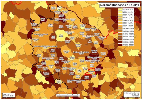 Obr. 18 Míra nezaměstnanosti v obcích MAS Zubří země k 31. 12. 2011, zdroj: MPSV 2012 Obr.