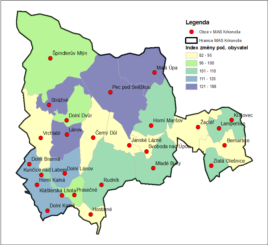 Mapa 2: Změna počtu obyvatel v obcích SO ORP Vrchlabí mezi lety 1991 a 2013 Zdroj dat: Veřejná databáze ČSÚ. Pozn.: Index změny počtu obyvatel udává podíl mezi počtem obyvatel k 1.1.2013 a k 1.1.1991. U hodnoty menší než 100 došlo k úbytku, u hodnoty vyšší než 100, naopak k přírůstku počtu obyvatel.