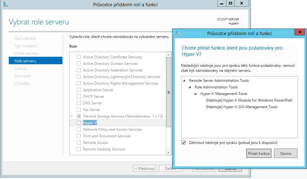 různých rolí, které lze přidat v tomto systému. Nás ale zajímá pouze role Hyper-V, kterou vybereme ze seznamu.