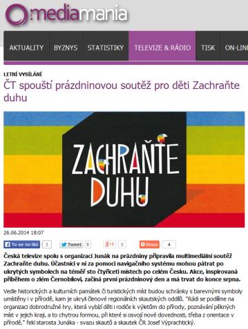 Vlastní akce ČT pro diváky Tiskové oddělení komunikačně podpořilo rovněž vlastní akce České televize, které v roce 2014 uspořádala pro diváky Soutěž Zachraňte duhu: vydáno celkem 14 regionálně