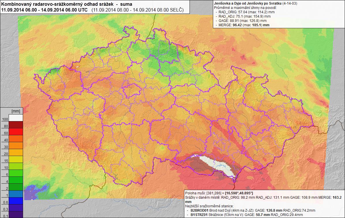 3 24-hodinový srážkový úhrn na území ČR 14. 9.2 014 v 06 UTC. Kombinace radarů a srážkoměrů. Obr.