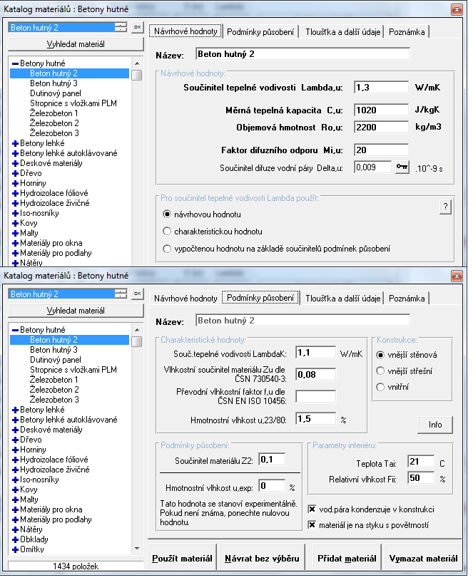 Obr. 5-3: Katalog materiálů - umožňuje zadat parametry jednotlivých vrstev