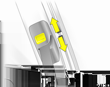 Sedadla, zádržné prvky 55 Tříbodový bezpečnostní pás Umístění Výškové nastavení Vytáhněte pás z navíječe, veďte nepřekroucený pás přes tělo a vložte zámkovou sponu do zámku pásu.