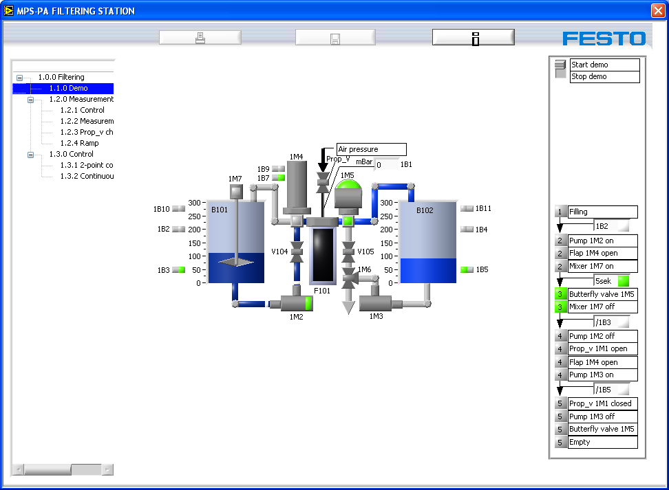 4.3.2 Záložka Filtering V této záložce se nachází pouze ilustrační obrázek zvolené stanice. 4.3.3 Záložka Demo V této záložce se ve středu stánky nachází schématické zobrazení filtrační stanice s vyobrazením všech senzorů a akčních členů.